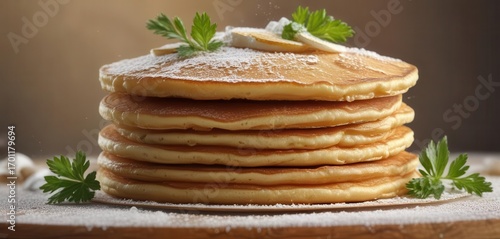 Golden brown pancakes, stacked high, dusted with icing sugar and parsley ,  food styling,  winter