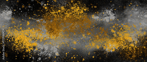 Golden paint splatter gray paint splatter black background abstract texture horizontal composition metallic pigment grunge effect dust particle artistic background studio photograph high contrast