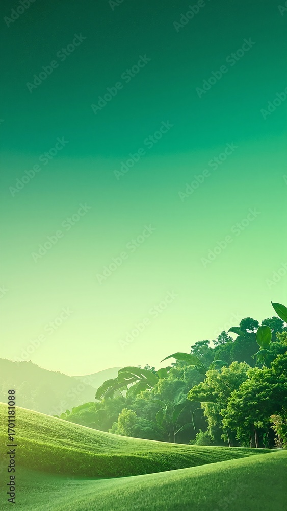 Obraz premium A lush green field stretches out, dotted with vibrant wildflowers, while majestic trees stand tall nearby, framed by rolling hills under a clear blue sky.