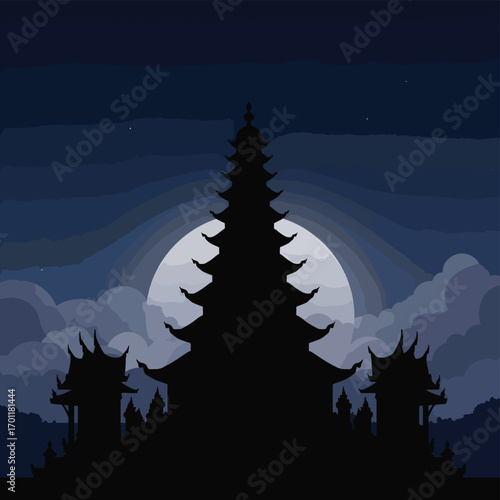Silhouette Vector Illustration of Traditional Pagoda Architectural Style with Night Sky and Full Moon in Modern Minimalist Design