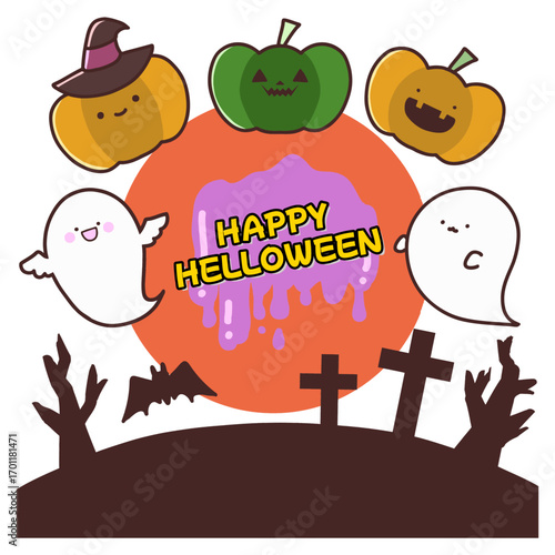 満月が背景にあるかわいいハロウィンのイラスト