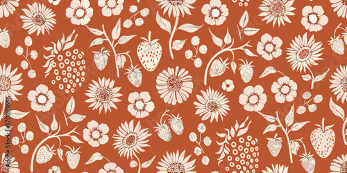 Seamless pattern of white strawberries and daisies on a terracotta background