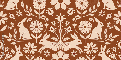 Charming folk art pattern with rabbits and flowers in earthy tones