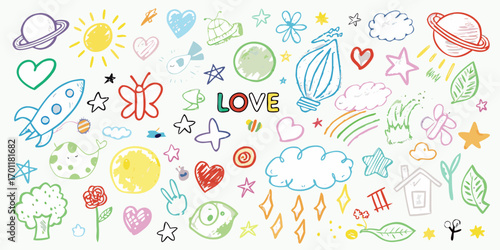 Whimsical hand drawn doodles of space planets sun hearts stars clouds rainbows and animals