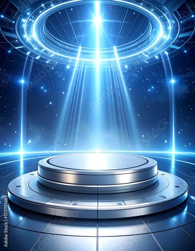Shiny Circular Platform with Blue Light Beams in Futuristic Dark Background
