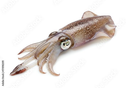 Studio shot showcasing a fresh squid, isolated on a pristine white background, ideal for culinary or educational use with a detailed view of the marine creature.