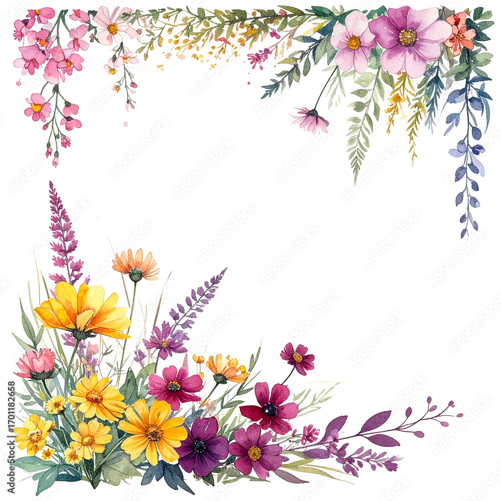 Naklejka premium Floral Harmony Isolated On White Background: A watercolor masterpiece of vibrant flowers, exquisitely arranged to create a captivating decorative frame. Evoking the delicate beauty of nature.