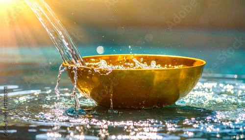 Golden Bowl Overflowing with Water: A close-up capture of a golden bowl is being filled with flowing water, creating a dazzling scene of tranquility and vitality, with the water catching the light.