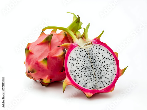 Dragon fruit, one half showing white flesh with black seeds, pink skin and green tips, isolated on white background, studio lit.