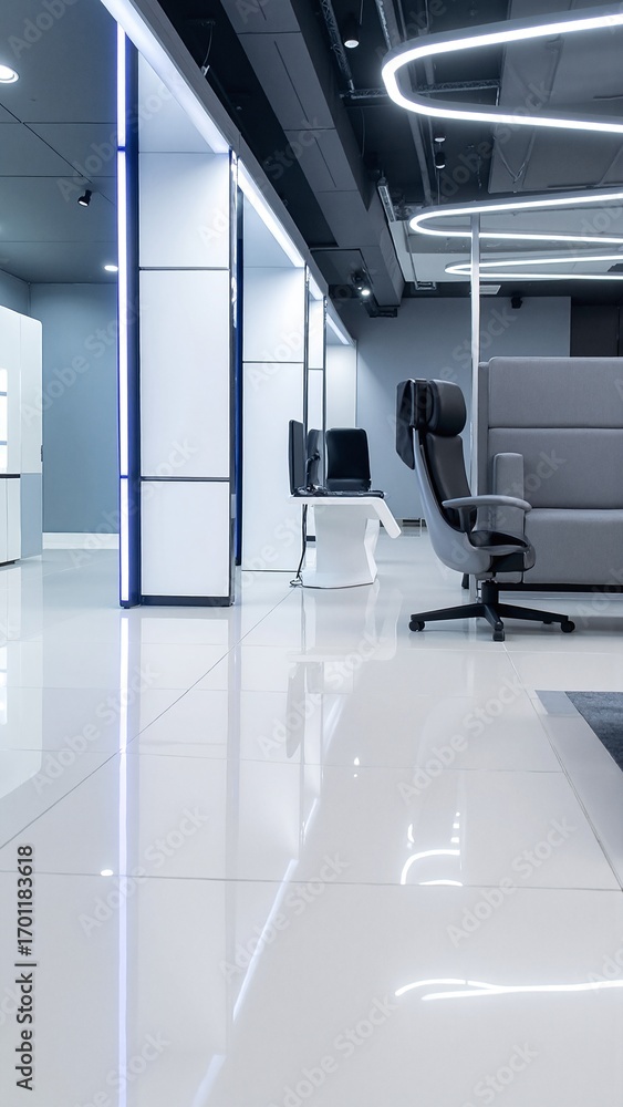 Obraz premium A sleek modern office featuring a pristine white floor, complemented by stylish black chairs, large windows allowing natural light, and minimalist decor.