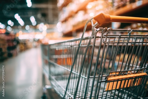 Empty shopping cart in a supermarket aisle