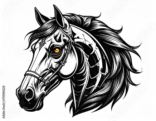 Monochrome Horse Head with Intricate Line Work and Glowing Orange Eye Against White Background
