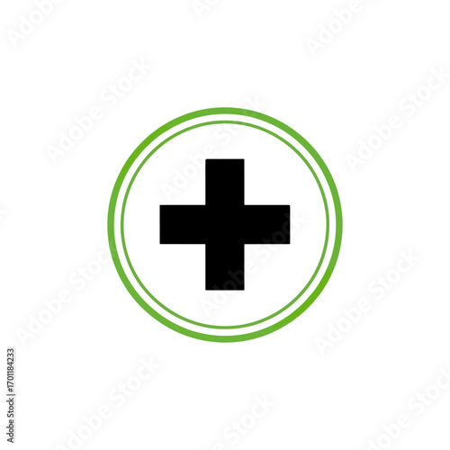 Plus sign graphic on white circle with green rings