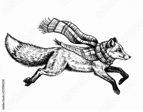 Fox Running with Scarf in White Background Animal Illustration with Detailed Fur and Dynamic Pose Winter