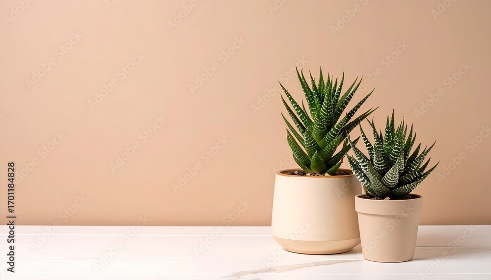 Obraz premium Two Succulents in Beige Pots on White Surface Against Taupe Background
