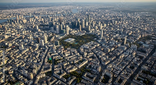 High-Angle view showcases a modern city sprawling with buildings landscape