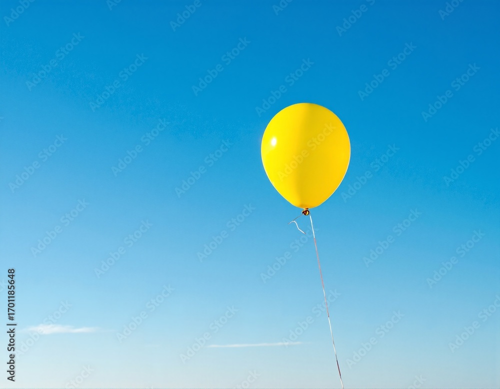 Obraz premium A joyful person stands outdoors, smiling widely while holding a vibrant yellow balloon high above their head, contrasting against a clear blue sky.