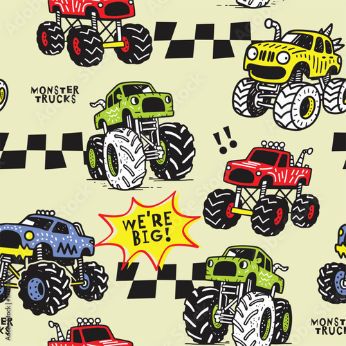 Seamless Pattern Monster Truck Cartoon for Kids 