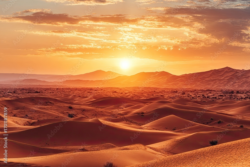 Naklejka premium Vast desert landscape at sunrise. Sunrise over dunes, golden hour, mountains in the distance