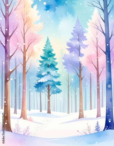 Watercolor Winter Wonderland Scene with Colorful Trees and Snowfall Art Illustration