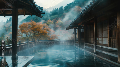 Traditional Japanese onsen outdoor hot spring, wooden architecture, mist rising from water, autumn mountains backdrop, peaceful Zen atmosphere, cinematic style