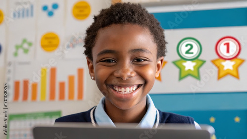 Educational gamification makes learning fun. Smiling child in a classroom setting, engaged with a laptop and educational materials.