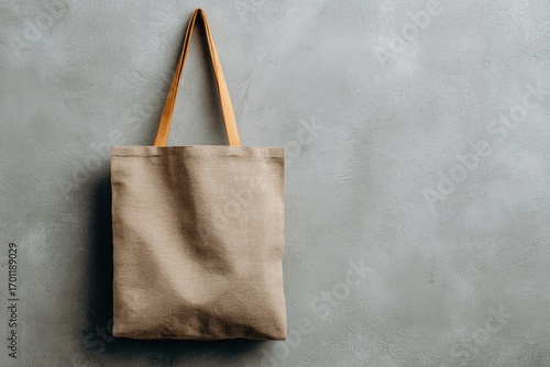 Beige canvas tote bag with tan straps, hanging on a textured gray background