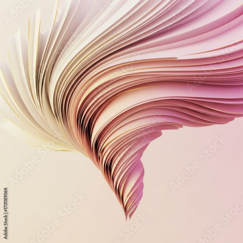 Vector illustration of a graceful, flowing sculpture of layered paper forms in soft pastel tones of pink, cream, and blush. abstract vector background art