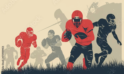 American Football Players in Vintage Retro Style Illustration