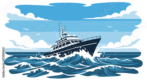 A majestic yacht navigates through turbulent ocean waves under a cloudy sky