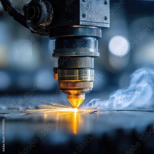 Close-up of a metal cutting laser, emitting a bright spark and smoke