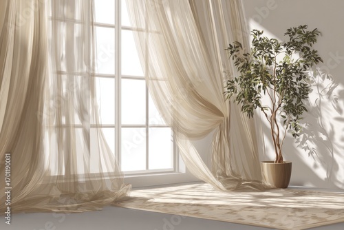 Beige sheer curtains billow around a window, sunlight streams in