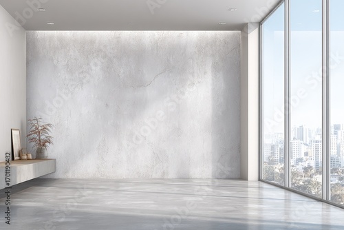 Modern, minimalist interior with concrete wall and city view