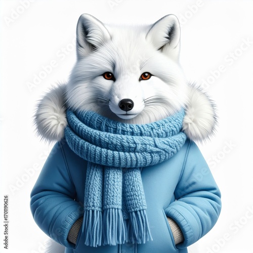 Anthropomorphic Arctic Fox Portrait Wearing Blue Coat and Scarf on White Background