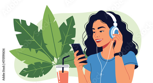 Young woman enjoying music on headphones and smartphone with healthy drink amidst lush green foliage