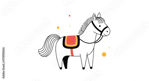 A whimsical cartoon pony with a colorful saddle and reins standing proudly
