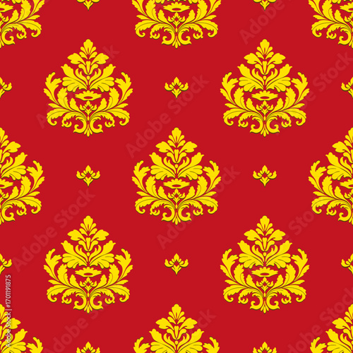 Motif ethnic ikat pattern seamless textile. Antique pattern, gold flowers, red background.