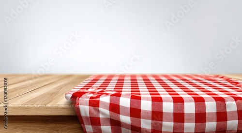 Red-and-white checkered tablecloth draped over light-wood table