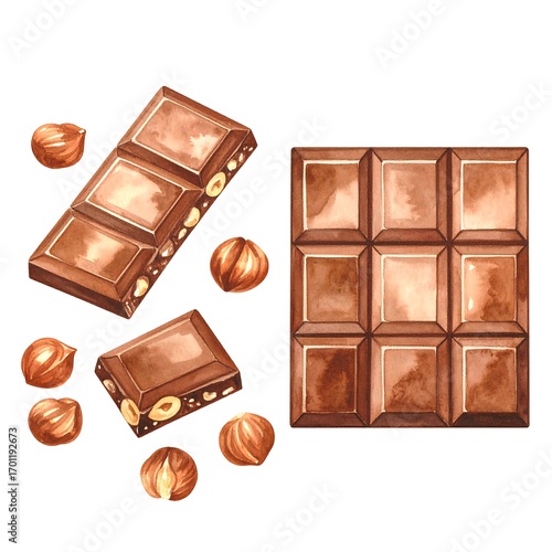 Watercolor chocolate bar and hazelnuts