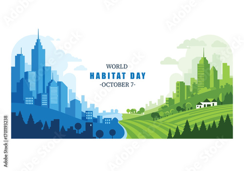 vector illustration of a modern city skyline next to a rural landscape with fields and a road for a World Habitat Day banner on sustainable development.