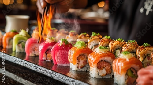 Chef prepa delicious sushi rolls with fire using chopsticks in a fancy restaurant, showcasing culinary skill and vibrant presentation.