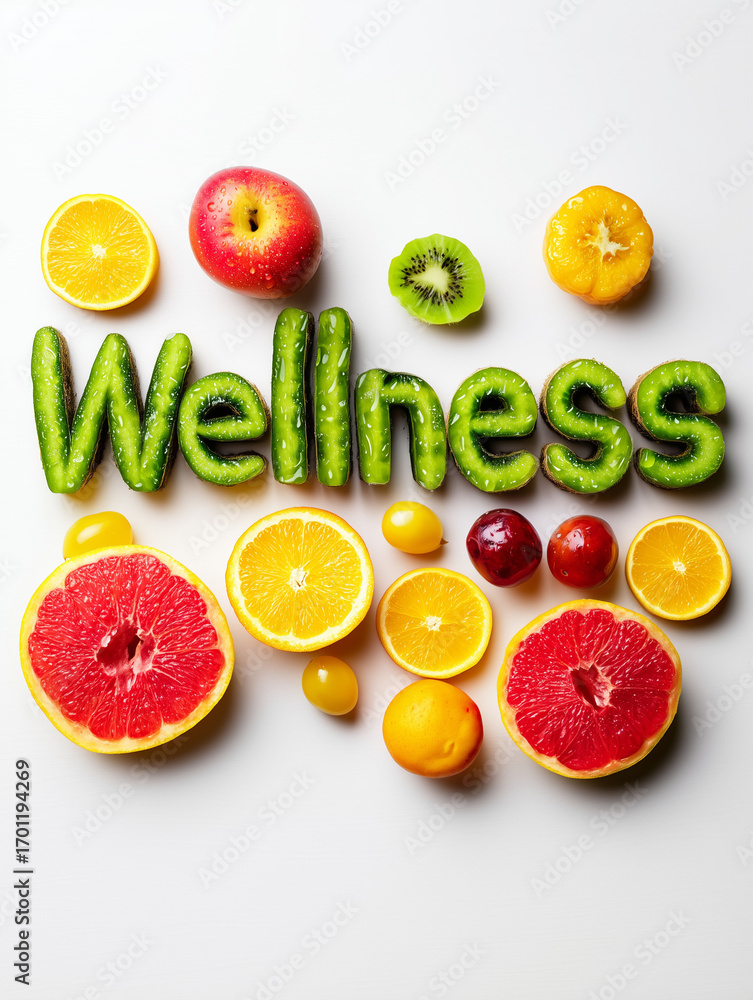 Naklejka premium Wellness label made of vitamins and fruits