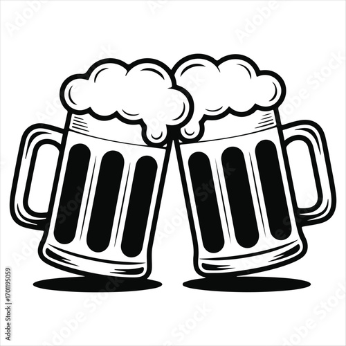 Two Black and White Beer Mugs Clinking cheers celebration