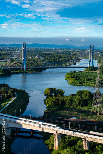 Photography High-speed railway bridges and cable-stayed bridges over rivers
