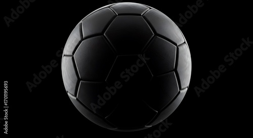 Close-up of a sleek, black soccer ball with textured panels against a dark background