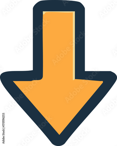 Simple Orange Down Arrow Icon with Dark Blue Outline.