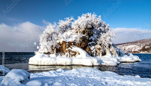 Frozen island with icy trees