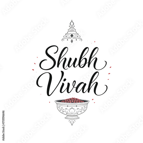 Elegant 'Shubh Vivah' calligraphy, meaning Happy Wedding, with traditional Indian motifs for a marriage celebration.