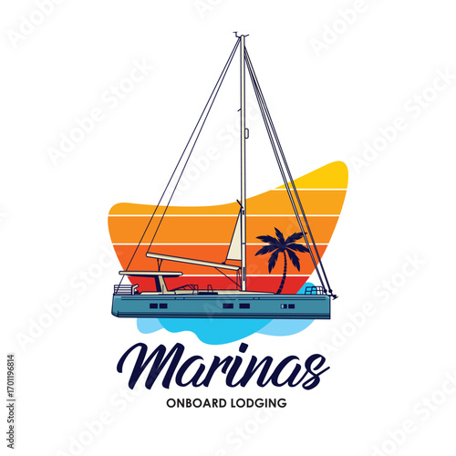 Sail boat trip with sunset illustration, perfect for t shirt design 