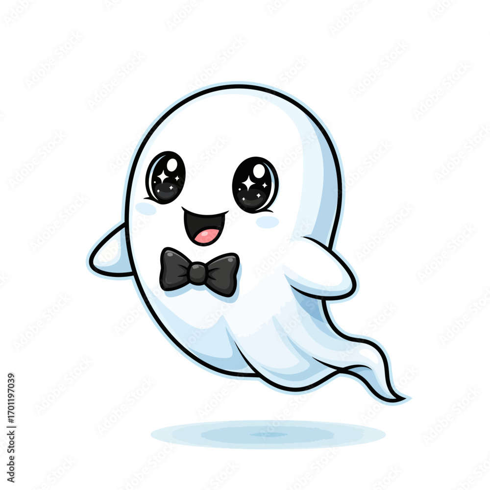 Fototapeta premium A cute, cartoon-style ghost with big, sparkly eyes and a black bowtie, floating happily.